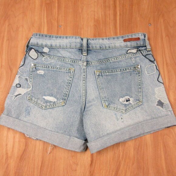 PILCRO Anthropologie Embroidered Floral Cuffed Jean Shorts Sz 26-28 Ripped Denim - Picture 10 of 16